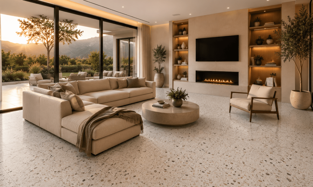 Modern luxury living room with terrazzo flooring Cape Town